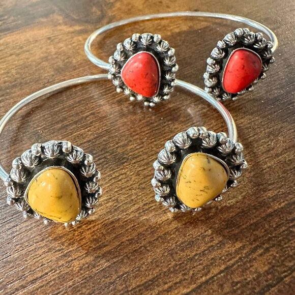 Silver Elegant Jewelry - Handcrafted Boho Western Lacey Open Bangle, Yellow or Coral Stone, Gift Box